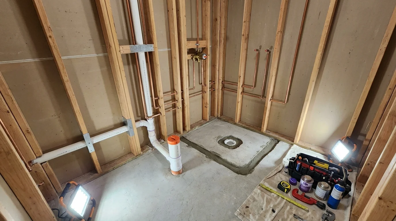 Bathroom rough-in plumbing during remodel by Johns Plumbing LLC in Bernalillo