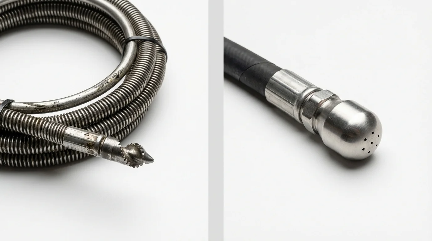 Drain snake cable and hydro jetting nozzle used for drain cleaning in Bernalillo, NM