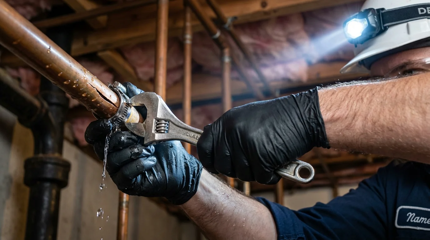 Emergency pipe clamp repair being performed by a Johns Plumbing LLC plumber in Bernalillo