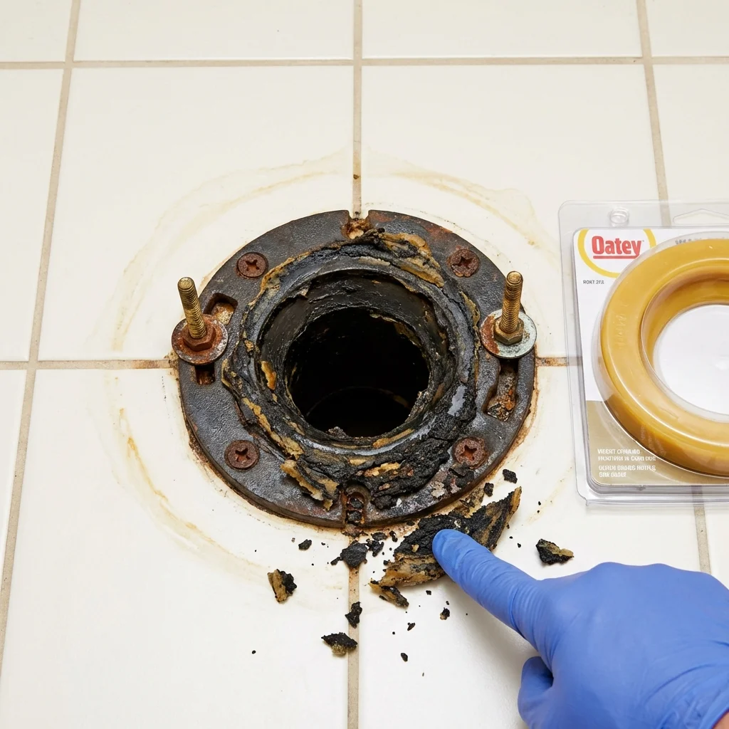 Failed wax ring showing water seepage at the base of a toilet in a Bernalillo, NM home