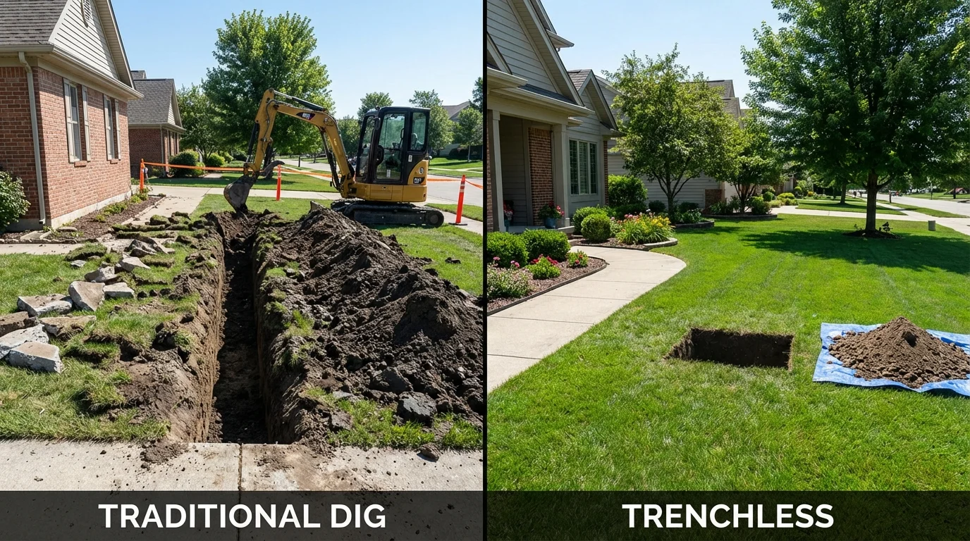 Trenchless sewer repair with minimal yard damage versus traditional excavation in Bernalillo, NM